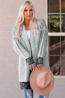 Gray Plaid Knitted Long Open Front Cardigan: Gray / L / 65%Acrylic+35%Polyester