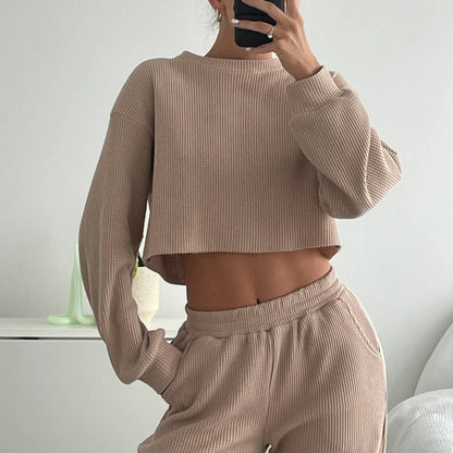 Tan / M Waffle long sleeve crop top wide leg pant 2 piece set: