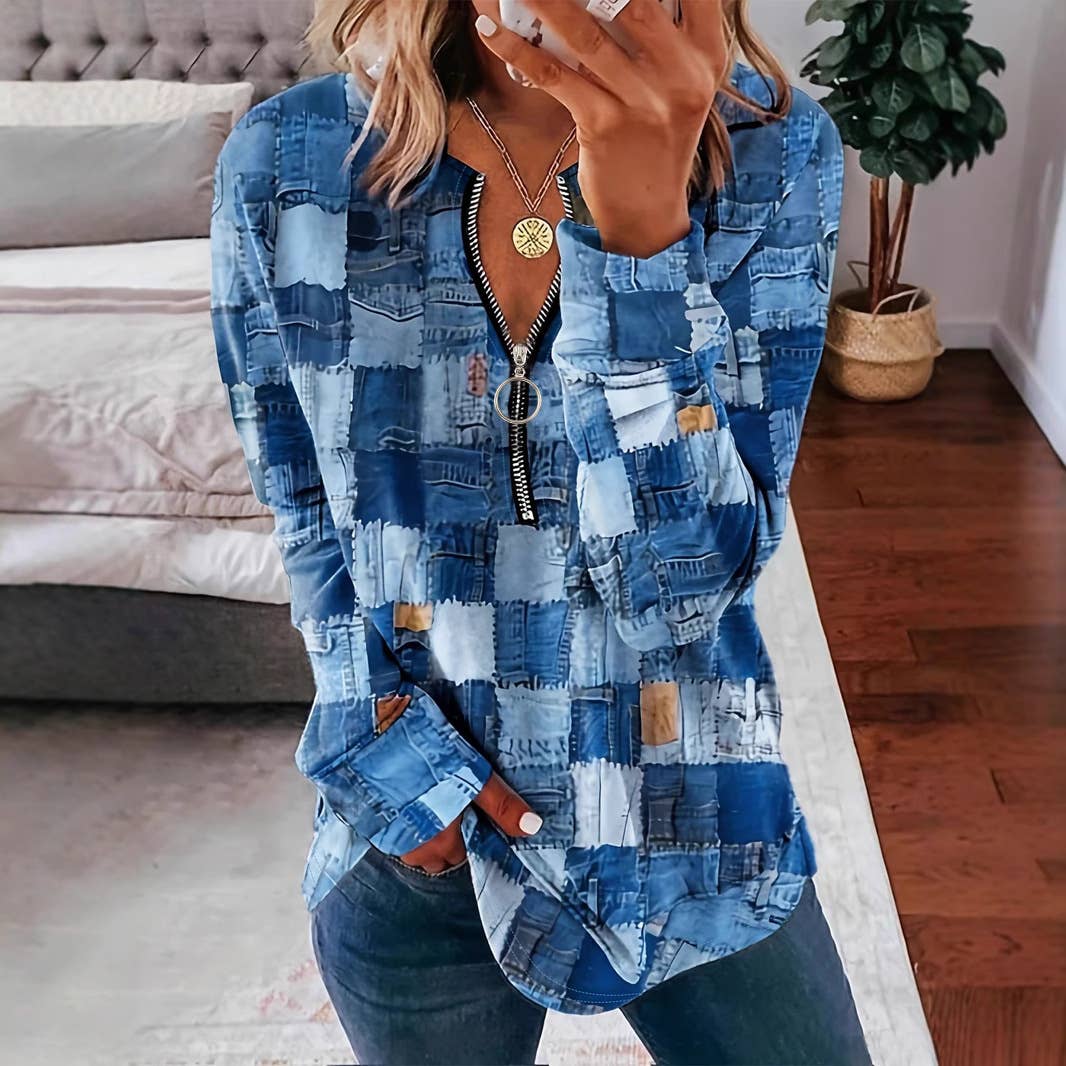 Knitted Printed Zipper Casual Retro Long-Sleeved Top