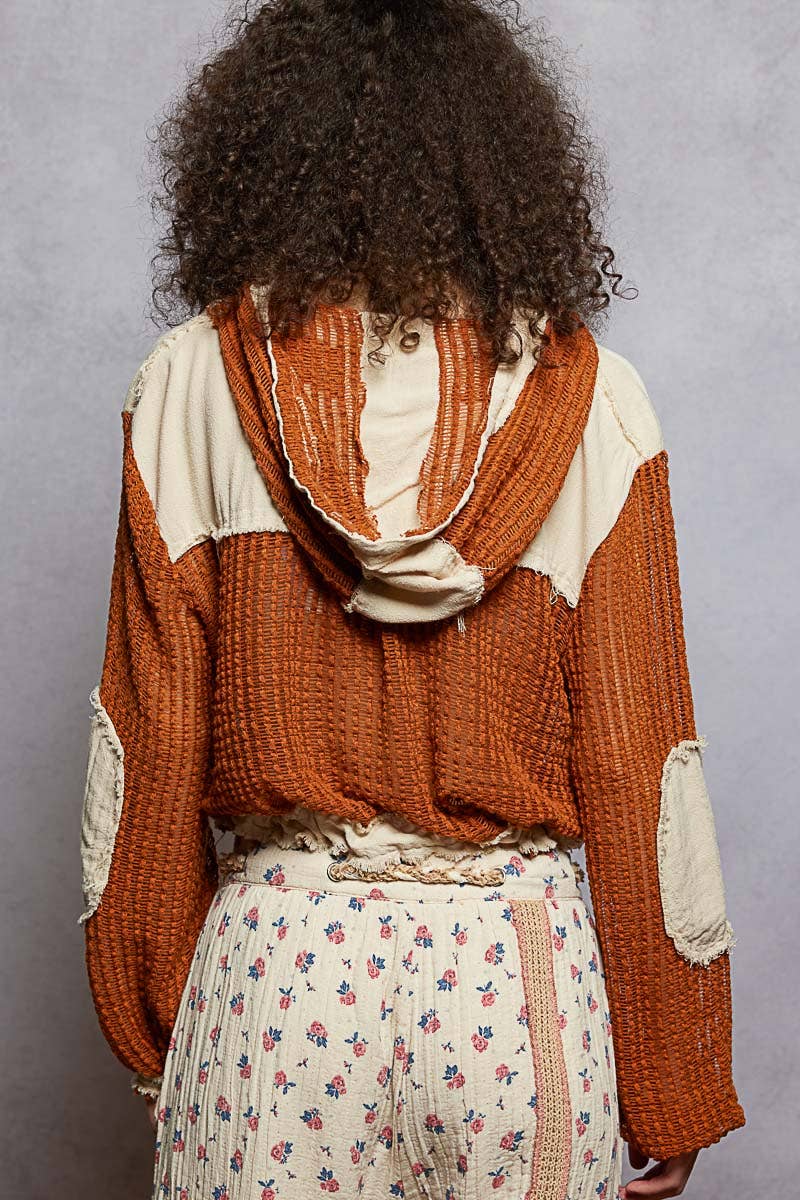 Open Knit Button Down Pocket Front Hooded Shirt Top