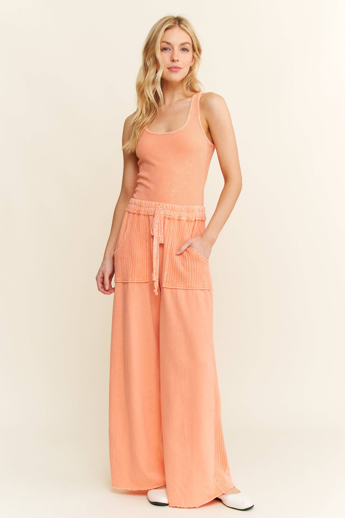 Best Mineral Wash Side Knit detail wide leg pants HE5878P