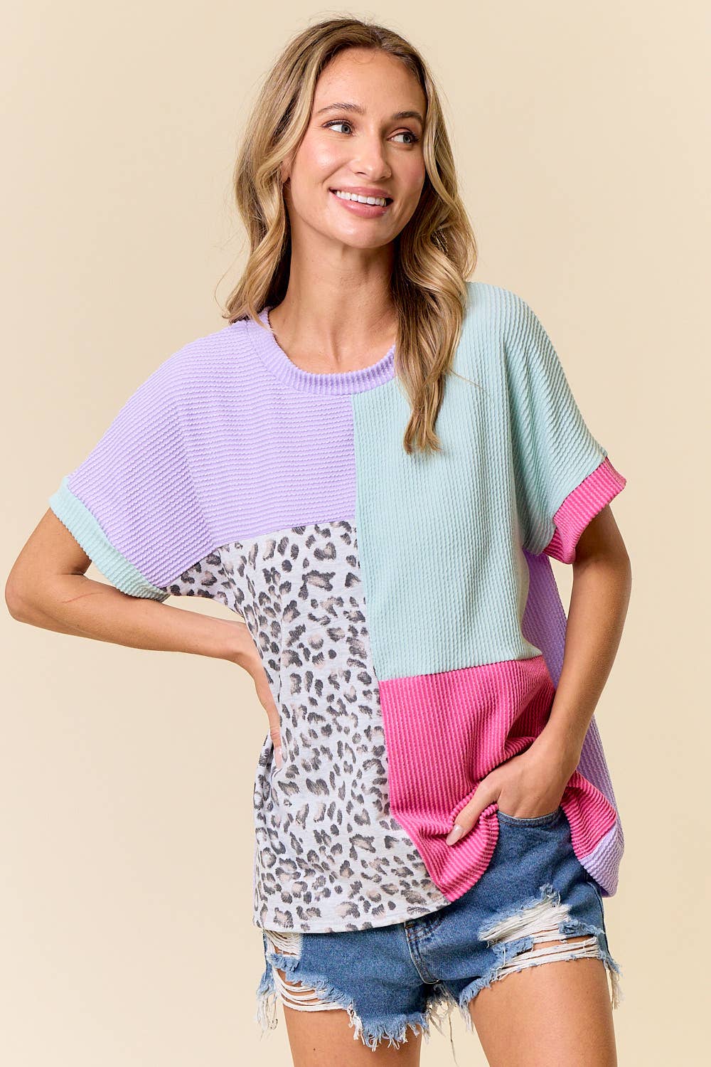 Large Retro Cheetah Top: LAVENDER COMBO