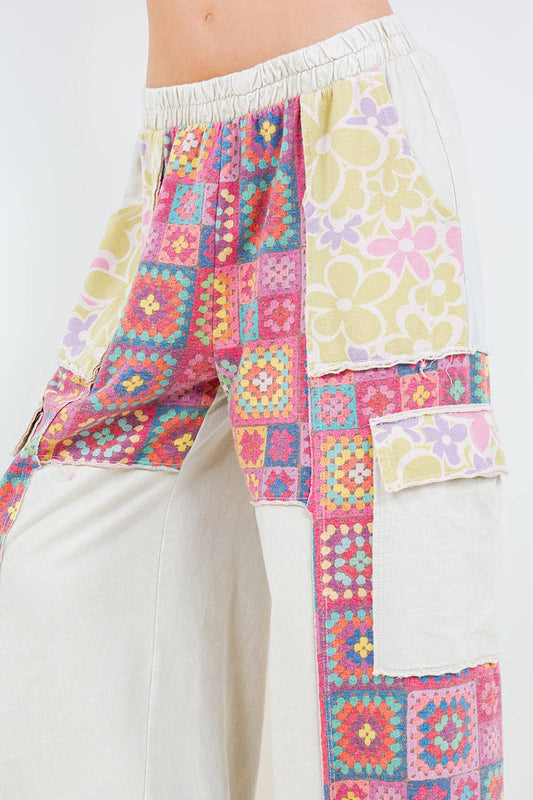Mineral Wash Crochet Floral Printed Pants HP5758