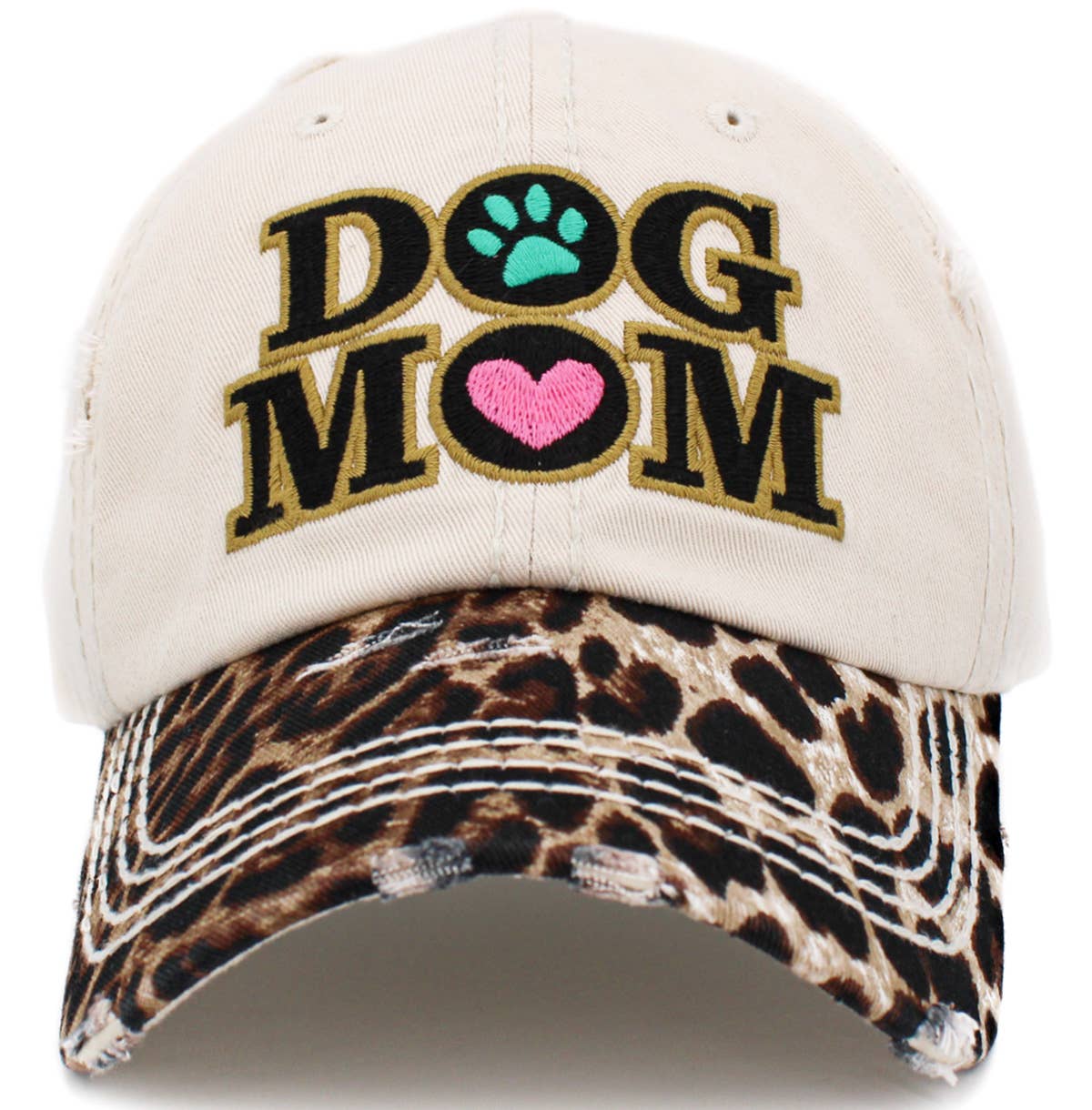 Dog Mom Leopard Washed Vintage Ballcap: BLK