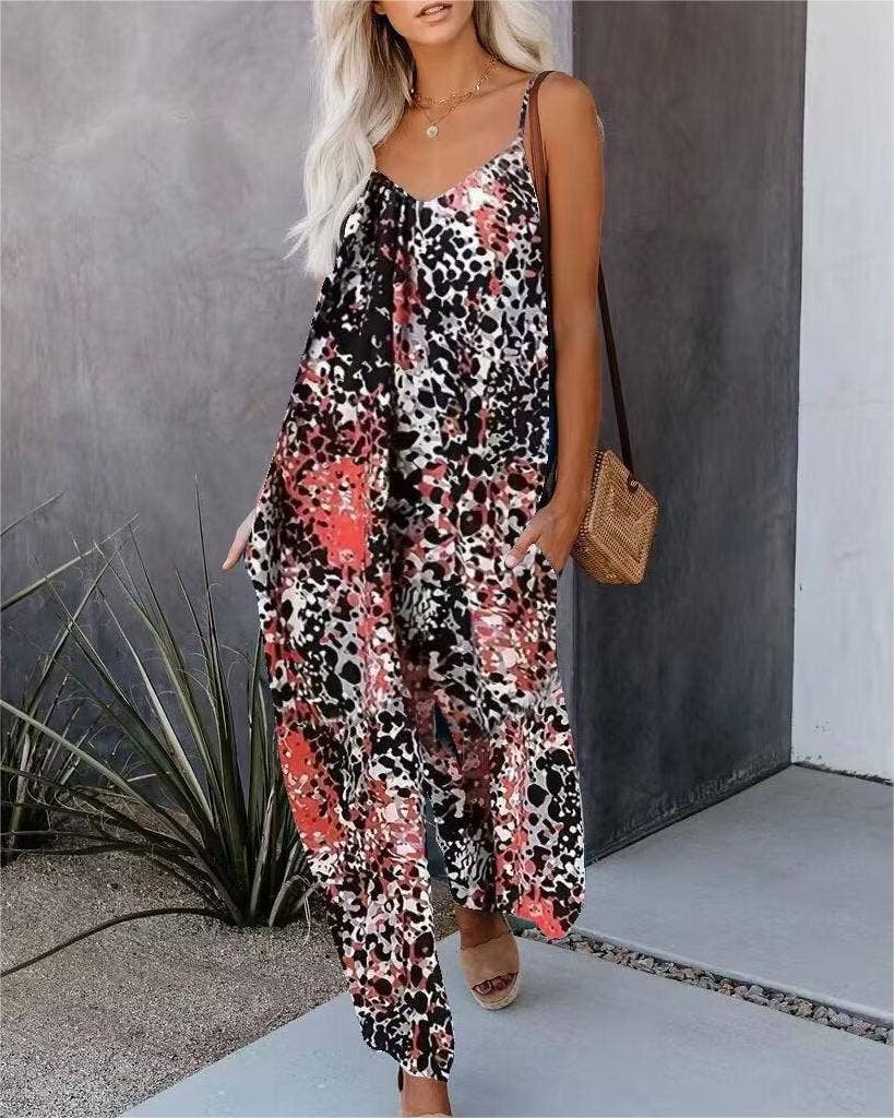 Rose_red / M  suspender wide-leg pants print bib jumpsuit: