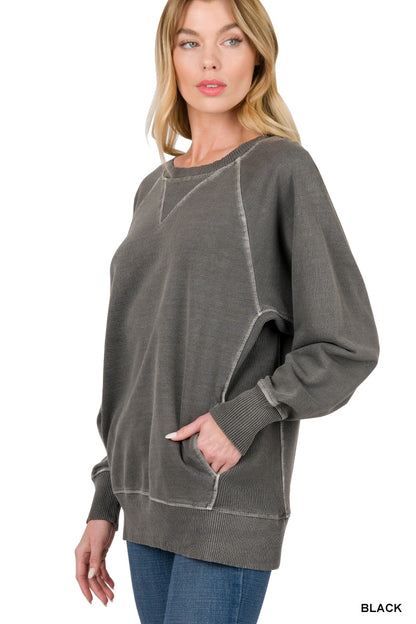 Pigment Dyed French Terry Pullover with Pockets Sweatshirt Zenana