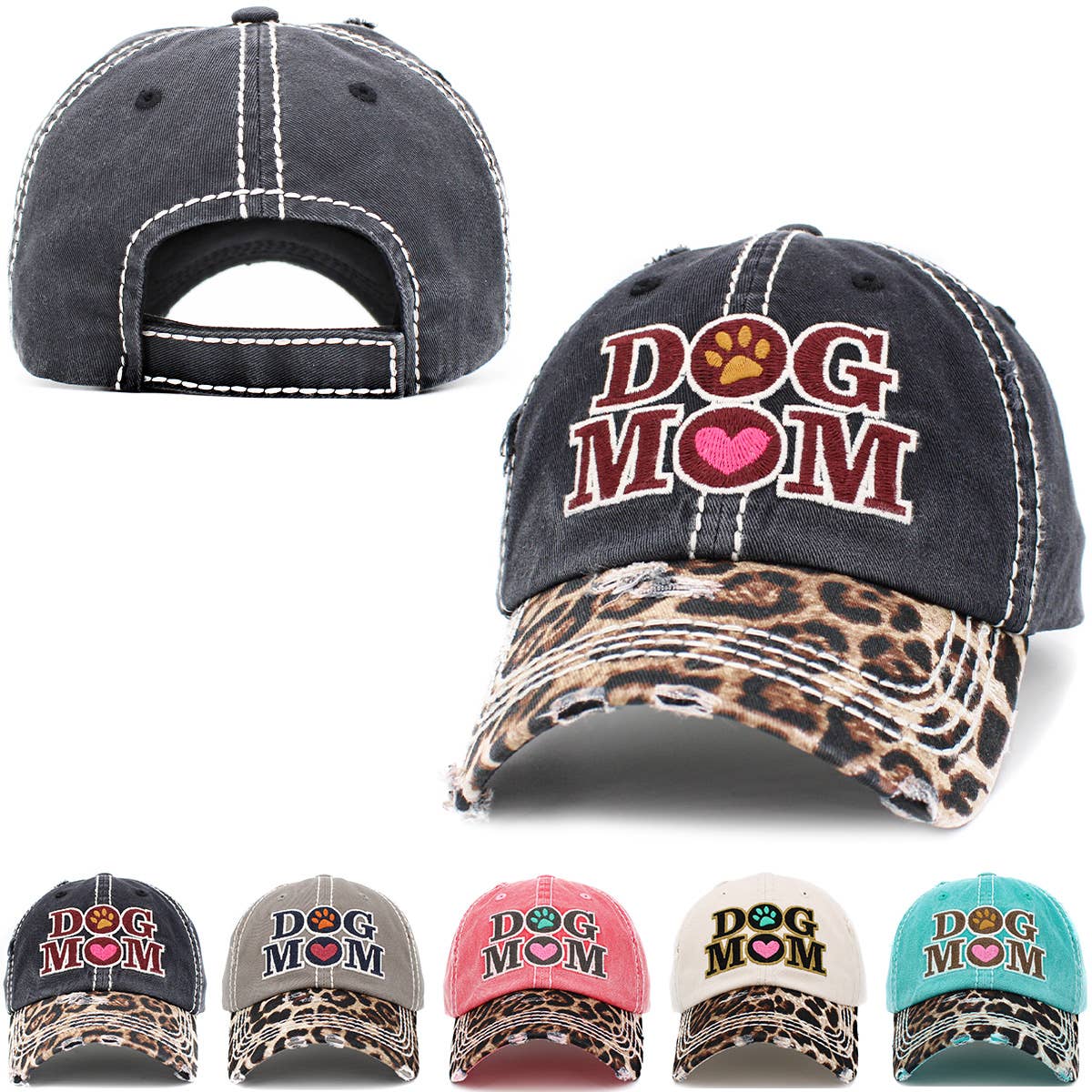 Dog Mom Leopard Washed Vintage Ballcap: BLK