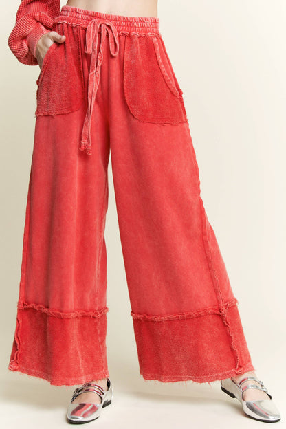 Mineral Wash Wide Pants with raw hem frayed details HP5536