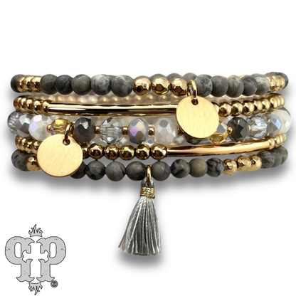 Colorful and gold bead charm bracelet stack