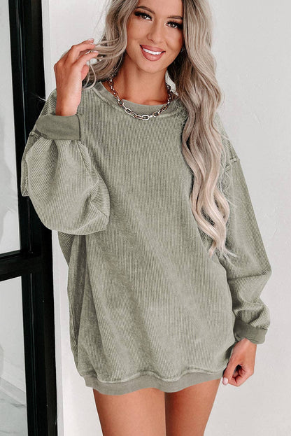 Green Solid Ribbed Knit Round Neck Pullover Sweatshirt: Green / L / 100%Polyester