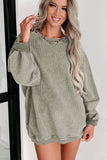 Green Solid Ribbed Knit Round Neck Pullover Sweatshirt: Green / XL / 100%Polyester