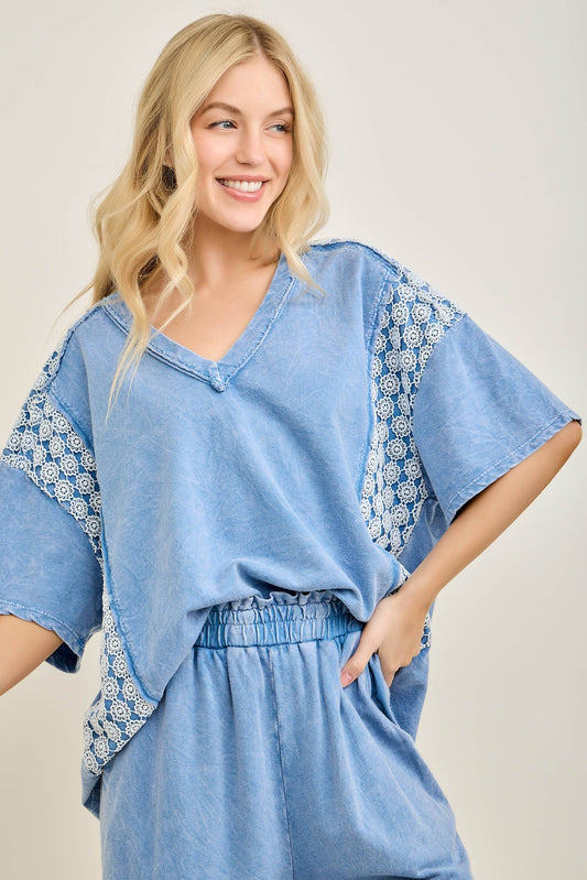 Mineral Washed Flower Daisy V-neck Shirt top HT6747