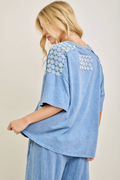 Mineral Washed Flower Daisy V-neck Shirt top HT6747