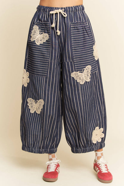 Crochet Applique Striped Barrel Pants