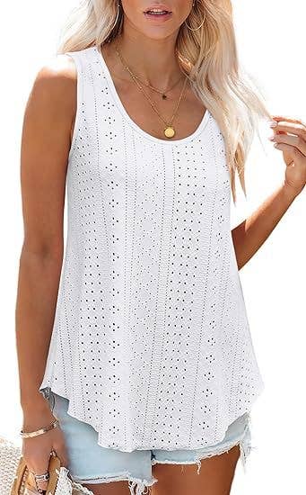 White / M Eyelet basic loose overfit cozy summer tank top: