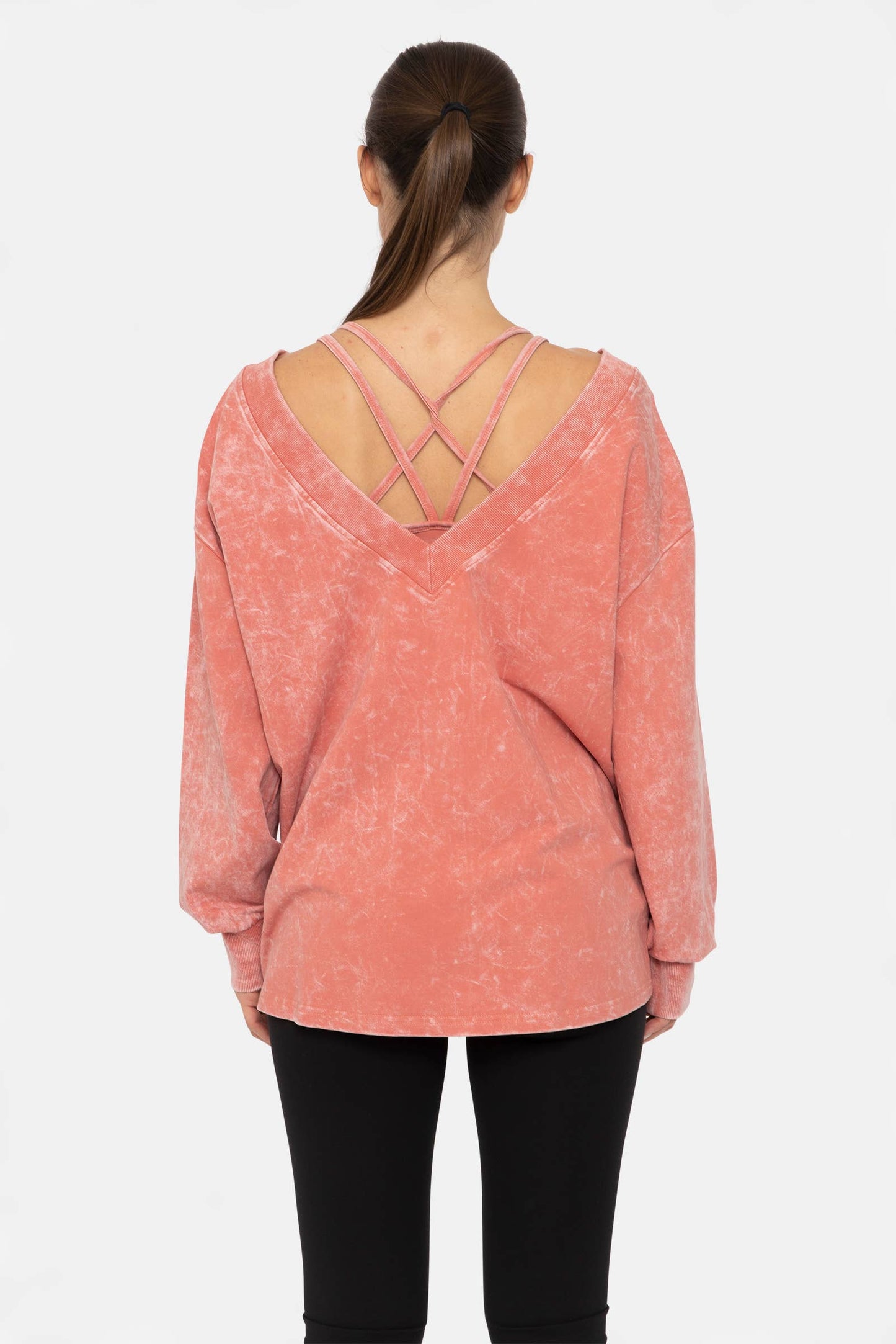 Mineral Wash Cotton Blend Deep V-Neck Long Sleeve