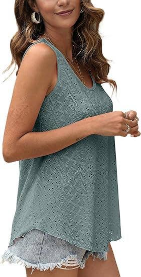 White / L Eyelet basic loose overfit cozy summer tank top: