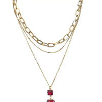 3-strand gold chain necklace with red square and rectangle rhinestone pendant Pink Panache