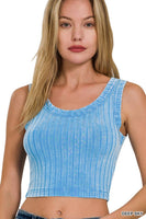 Med LT TEAL RIBBED SLEEVELESS SCOOP NECK CROPPED TANK TOP: -165178 / M