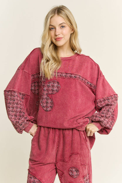 Mineral Washed Tweed Daisy patch Long sleeve top HT6761