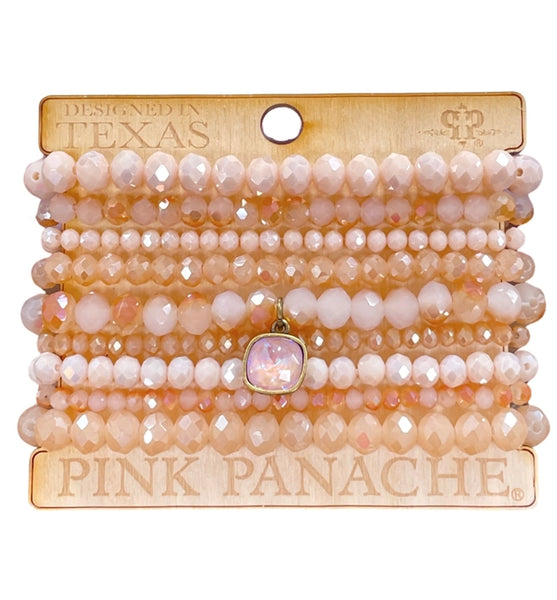 9-strand Rose Pink Bracelet with 10mm Bronze/Dusty Pink Cushion Cut Drop Pink Panache