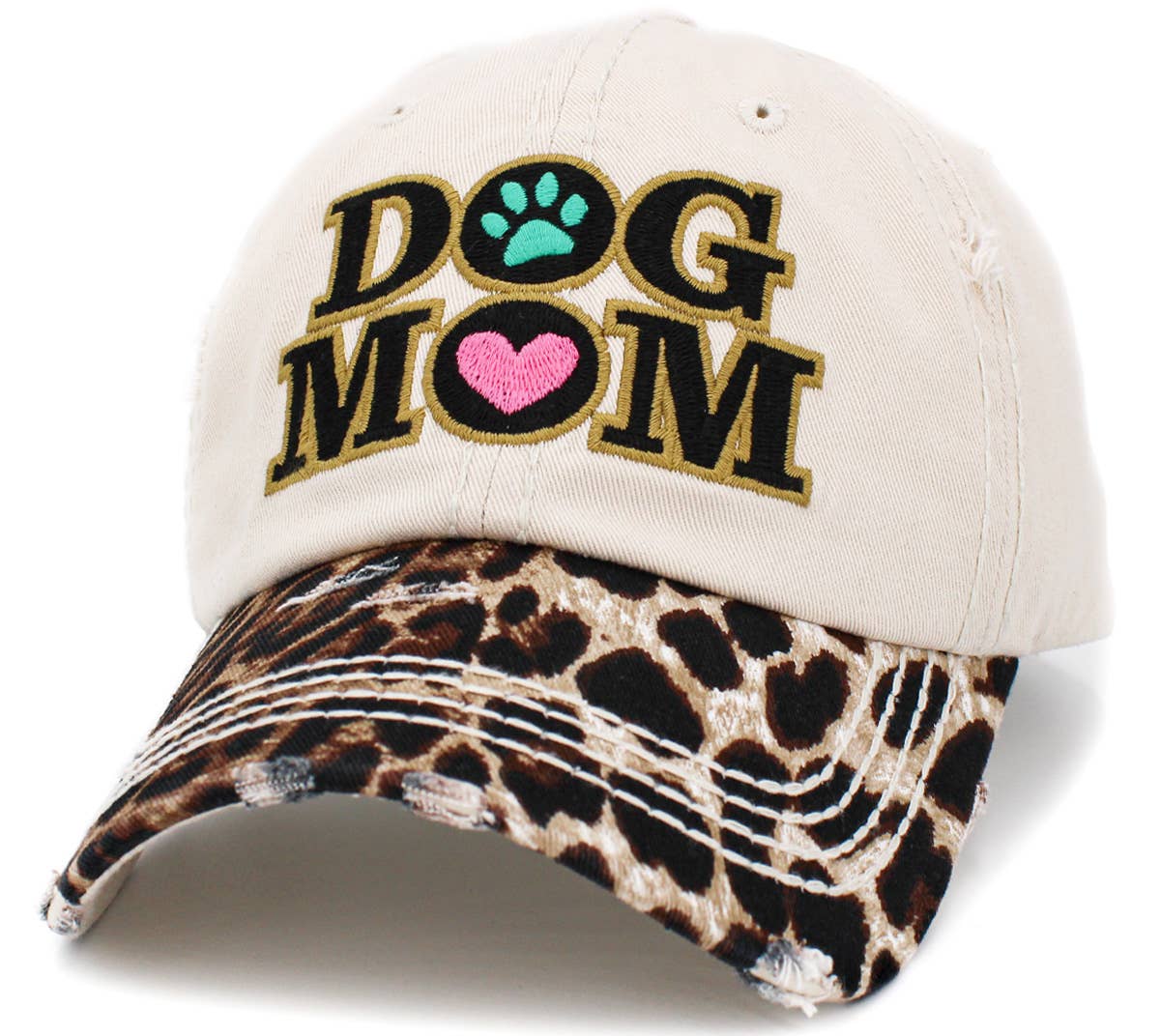 Dog Mom Leopard Washed Vintage Ballcap: BLK