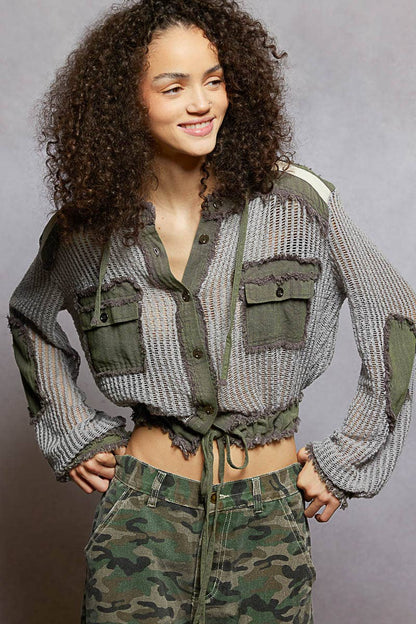 Open Knit Button Down Pocket Front Hooded Shirt Top