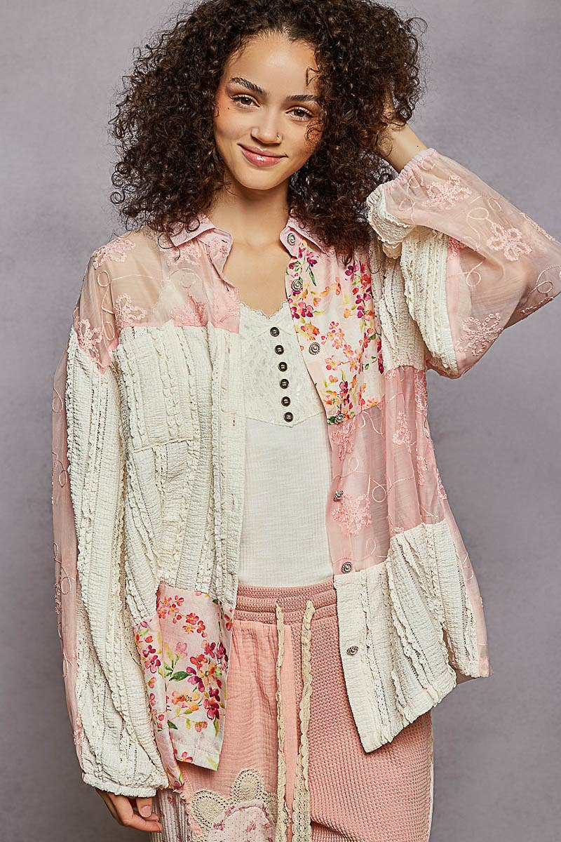 Long sleeve floral embroidery patchwork shirt top
