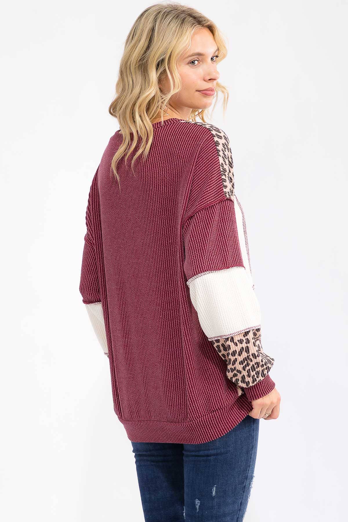 Leopard Patchwork Color Block Rib Knit Pullover Top T6089