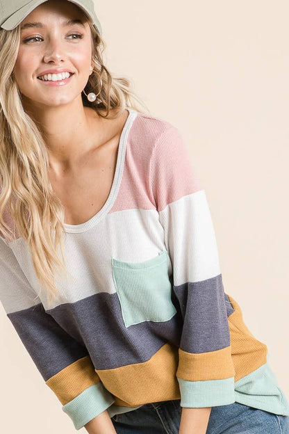 LMT1469-01-Thermo Colorblock Knit Top