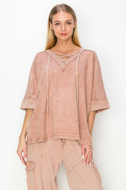 Mineral Wash CrissCross Hoodie Top HT5597