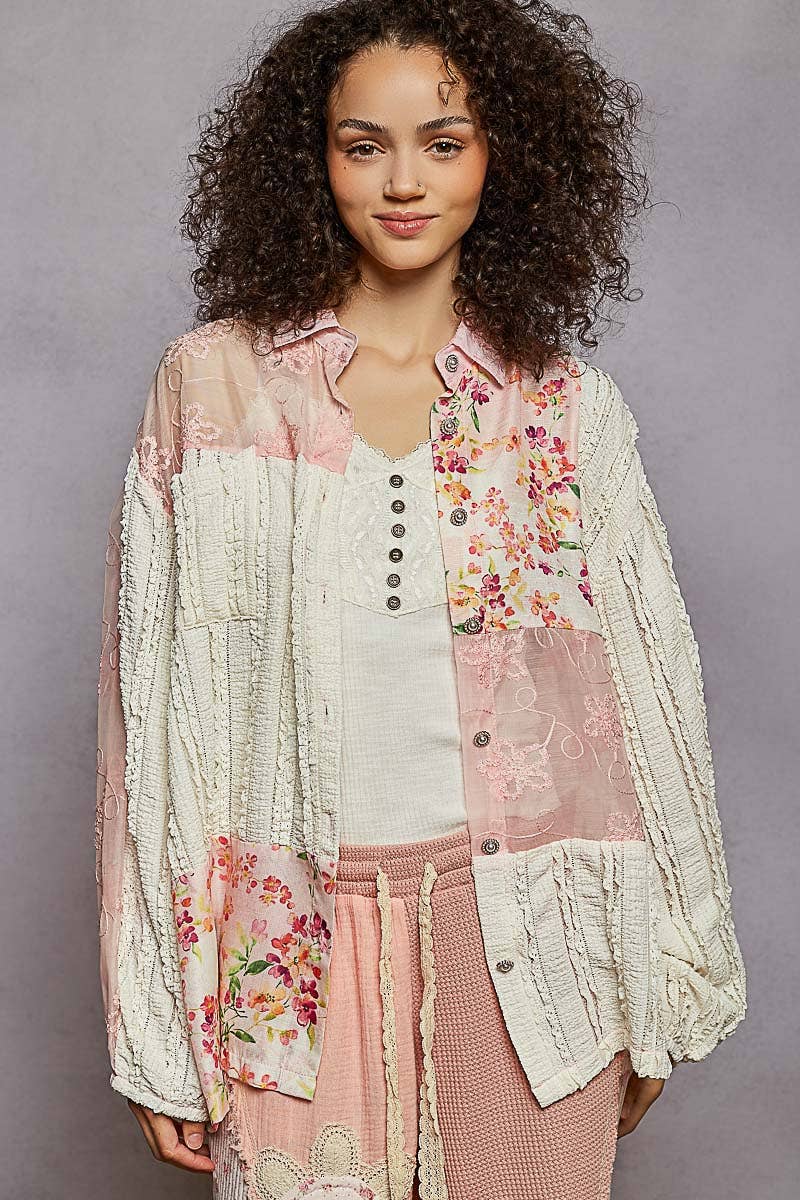 Long sleeve floral embroidery patchwork shirt top