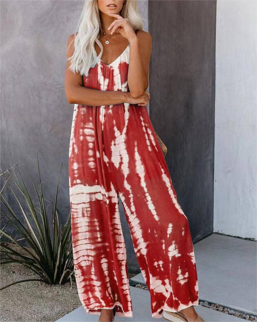 Pink / S Summer suspender wide-leg pants women print bib jumpsuit: