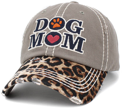 Dog Mom Leopard Washed Vintage Ballcap: BLK