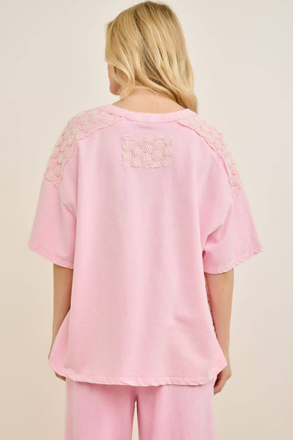 Mineral Washed Flower Daisy V-neck Shirt top HT6747