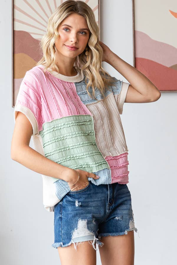 Color Block Textured Patchwork Short Sleeve Top T5944