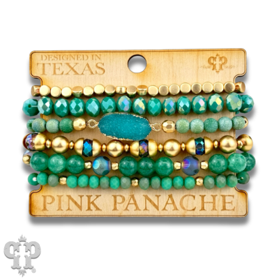 Six strand variety bead and druzy charm bracelet