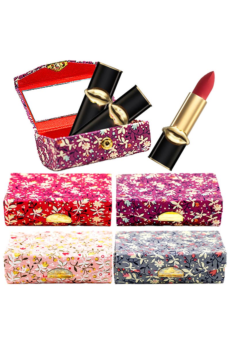 Wide Floral Satin Lipstick Case Holder with Mirror
