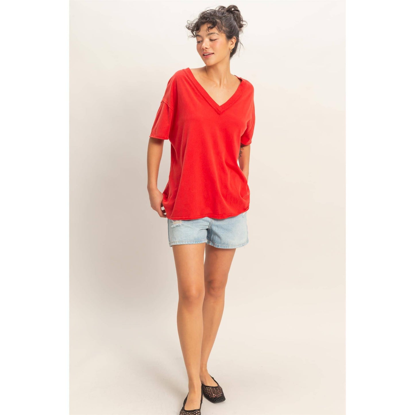 Washed V-Neck Oversized Tee