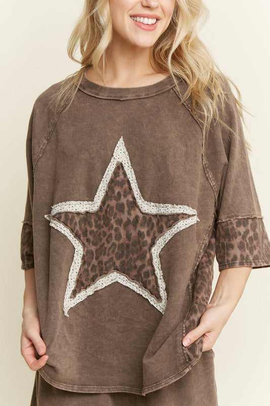 Mineral Washed Leopard Star Half sleeve top HT6628