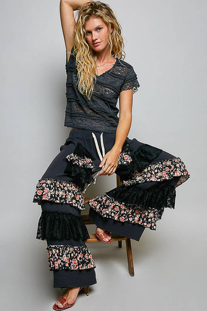 Feminine Lace V Neck Short Sleeve Top Trim Raw Edge