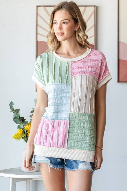 Color Block Textured Patchwork Short Sleeve Top T5944