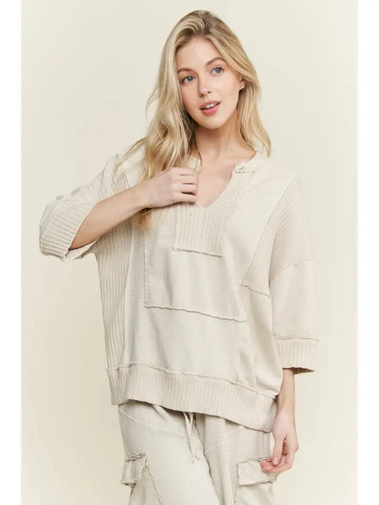 Mineral Washed Split Neckline Sweatshirt w/ Knit Details