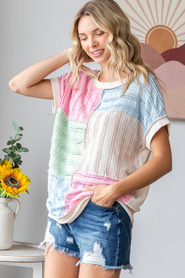 Color Block Textured Patchwork Short Sleeve Top T5944