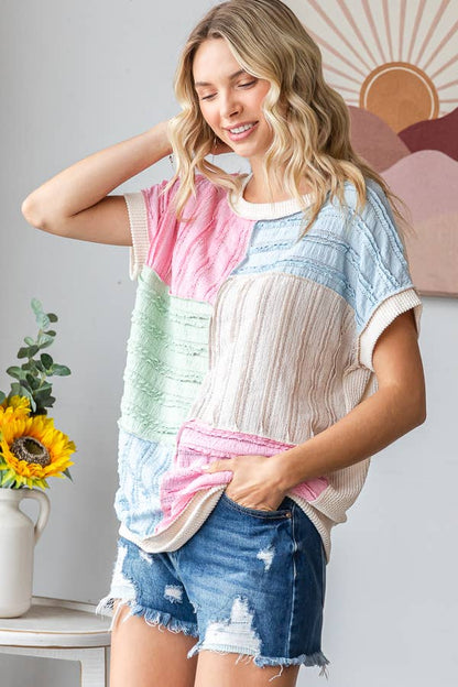 Color Block Textured Patchwork Short Sleeve Top T5944