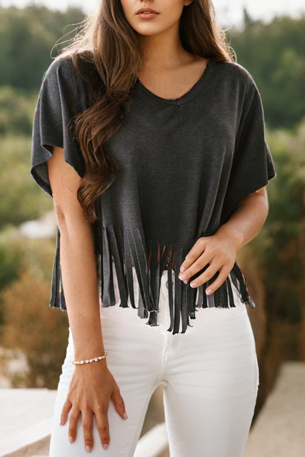 Solid Fringe Hem V Neck T Shirt | S-XL: Missy / L / As shown