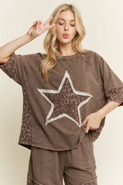 Mineral Washed Leopard Star Half sleeve top HT6628