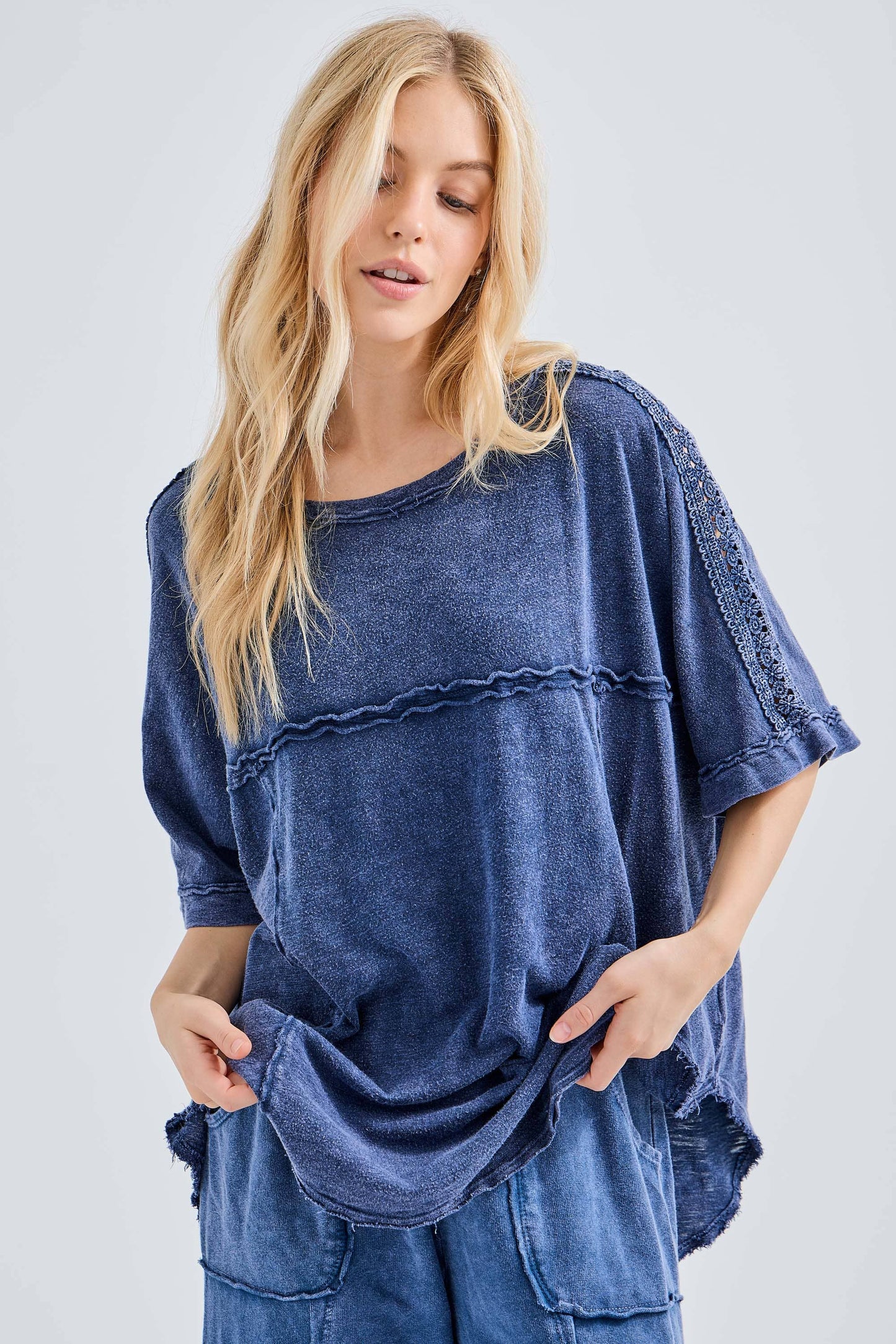 Mineral Washed Relaxed Fit Tee with Crochet Detail HT6312 Shirt