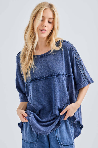 Mineral Washed Relaxed Fit Tee with Crochet Detail HT6312 Shirt