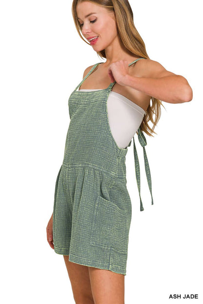 `Washed Double Gauze Tie Back Rompers w/ Pockets